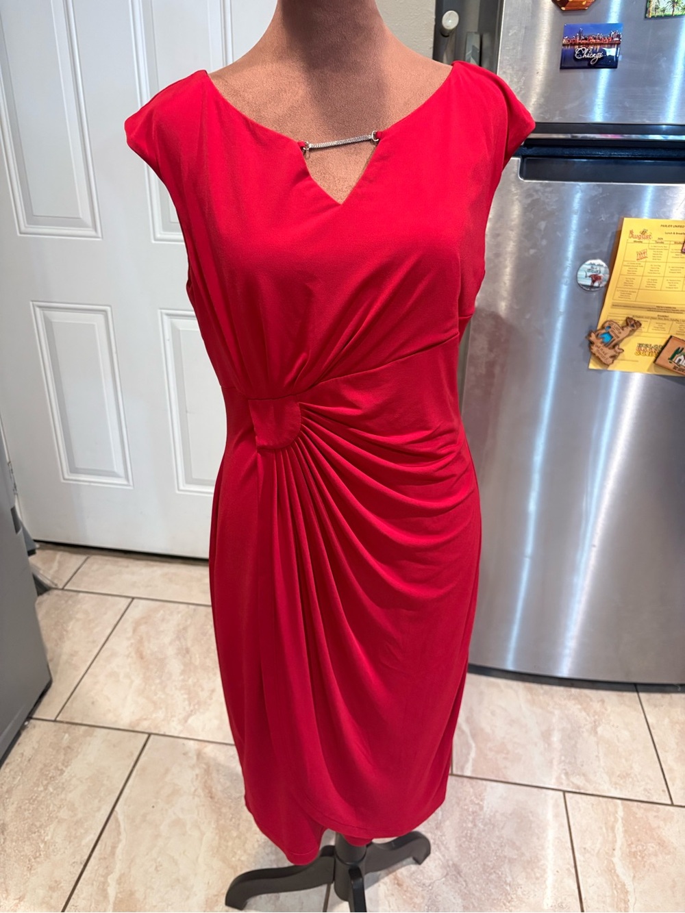 connected apparel Red Ruched Sheath Dress with Decorative Bar
